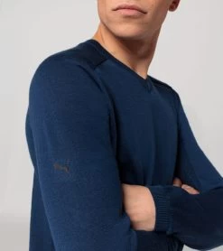 Porsche Design EvoKNIT® V-Neck Jumper Pullover Color Persian Blue -Porsche Design Store 4056487047423 003 ga pd sall ain v1